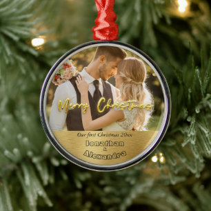 Luxury gold Cute couple photo First Christmas Metal Tree Decoration