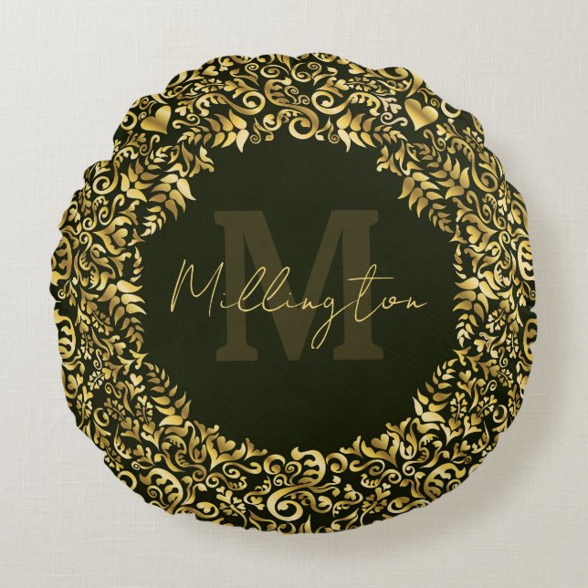 Luxury Gold Damask Monogram Round Cushion (Front)