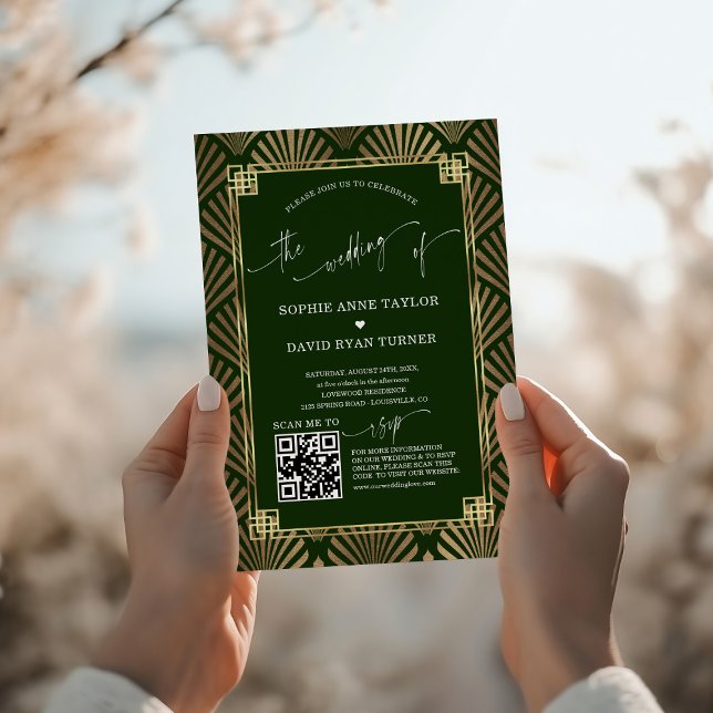 Luxury Gold Dark Green Art Deco 1920s Wedding Invitation (Creator Uploaded)