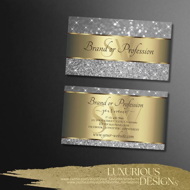 Luxury Gold Decor Sparkle Silver Glitter Initials Business Card (Creator Uploaded)
