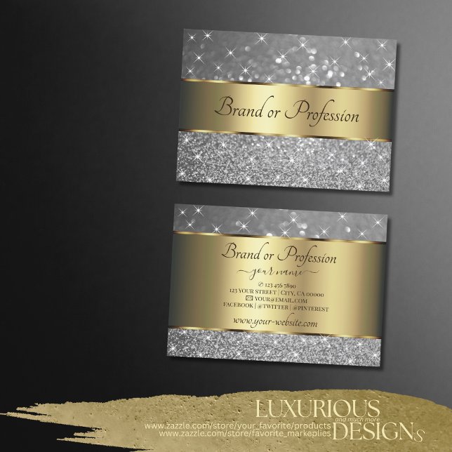 Luxury Gold Decor Sparkle Silver Glitter Stylish Business Card (Creator Uploaded)