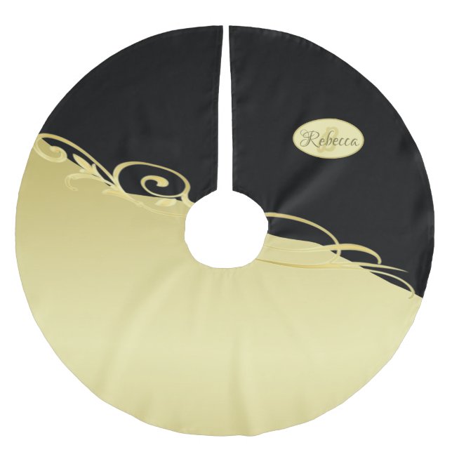 Luxury gold decorative on gold & black, Monogram Brushed Polyester Tree Skirt (Front)