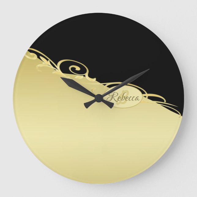 Luxury gold decorative on gold & black, Monogram, Large Clock (Front)