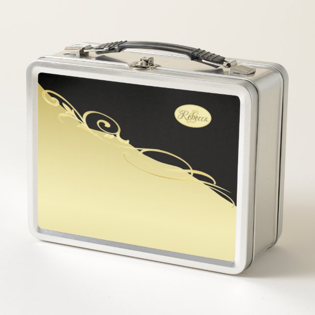 Luxury gold decorative on gold & black, Monogram Metal Lunch Box (Front)