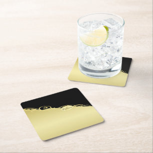 Luxury gold decorative on gold & black, Monogram Square Paper Coaster