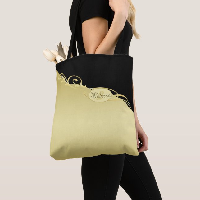 Luxury gold decorative on gold & black, Monogram,  Tote Bag (Close Up)