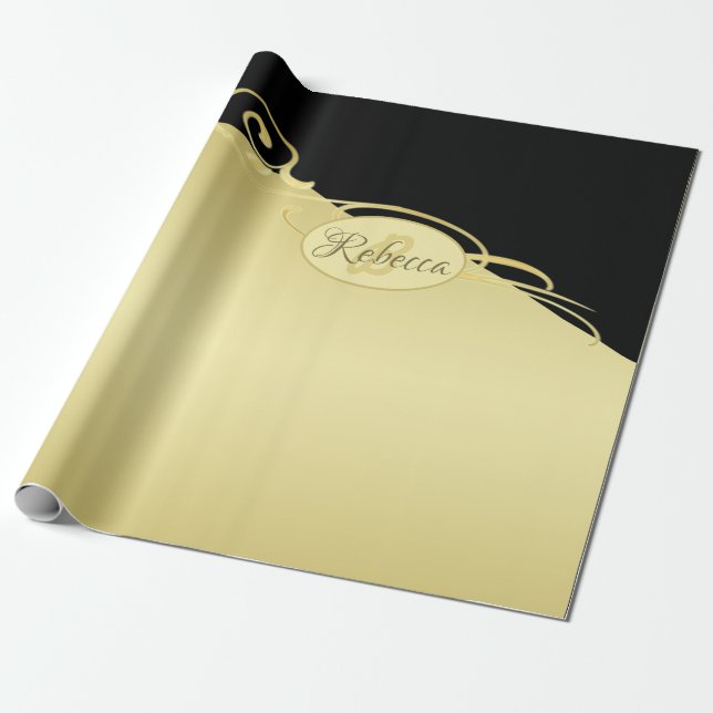 Luxury gold decorative on gold & black, Monogram, Wrapping Paper (Unrolled)