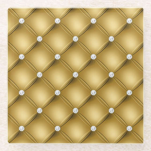 Luxury Gold Diamond Tufted Pattern Glass Coaster (Front)