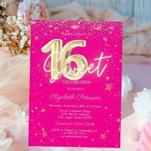 Luxury Gold Diamonds Stars Pink Sweet 16 Invitation