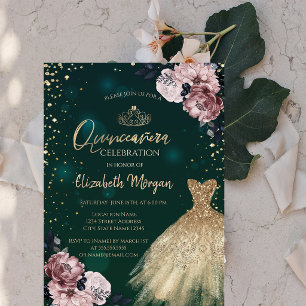 Luxury Gold Dress,Diamonds,Flowers Quinceañera Invitation