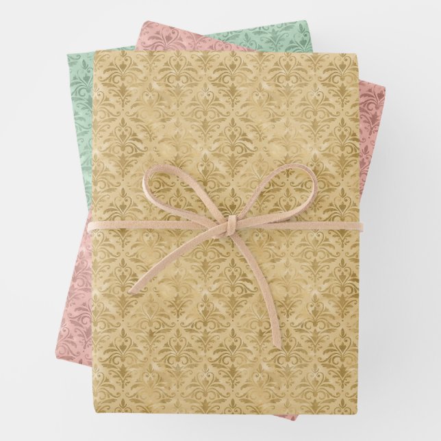Luxury Gold, Dusty Pink, and Green Damask Pattern Wrapping Paper Sheet (In situ)
