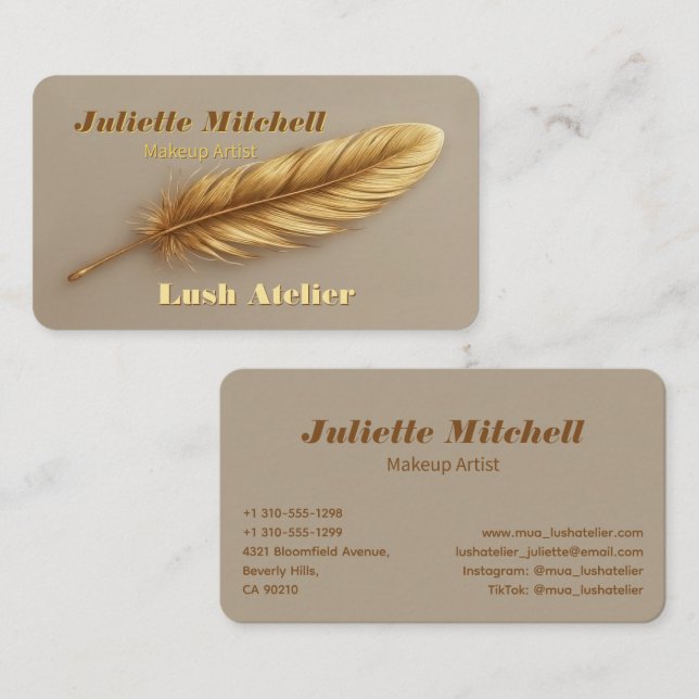 Luxury Gold Feather Modern Makeup Artist Business Card (Front/Back)