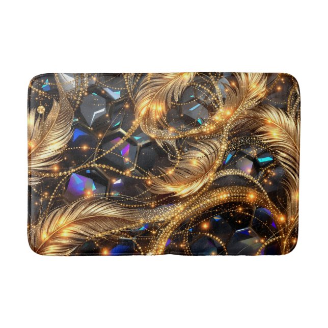Luxury Gold Feathers and Gemstone Sparkle Pattern Bath Mat (Front)