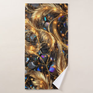 Luxury Gold Feathers and Gemstone Sparkle Pattern Bath Towel