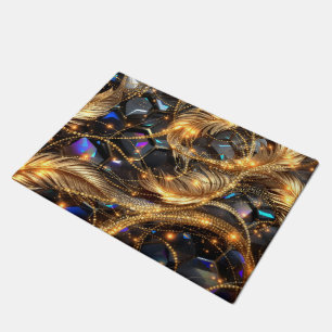 Luxury Gold Feathers and Gemstone Sparkle Pattern Doormat