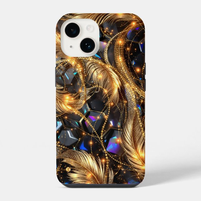 Luxury Gold Feathers and Gemstone Sparkle Pattern iPhone Case (Back)