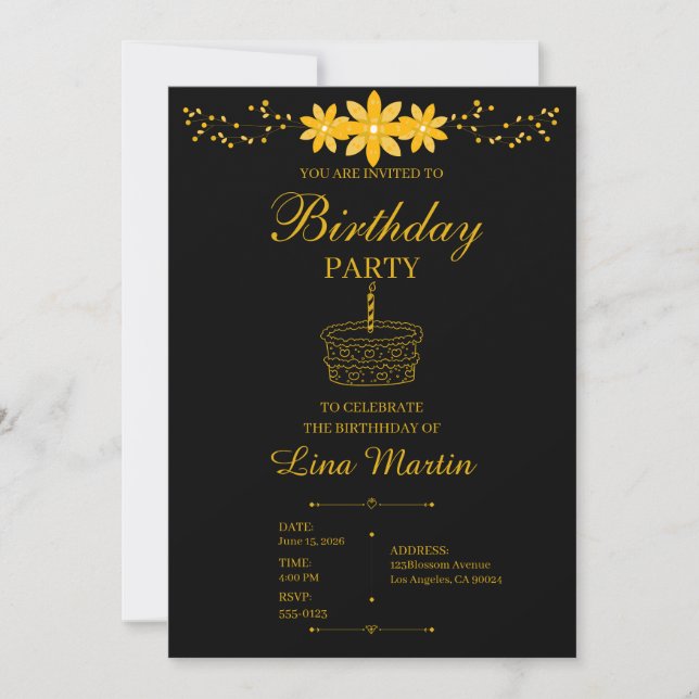 Luxury Gold Floral Birthday Invitation (Front)