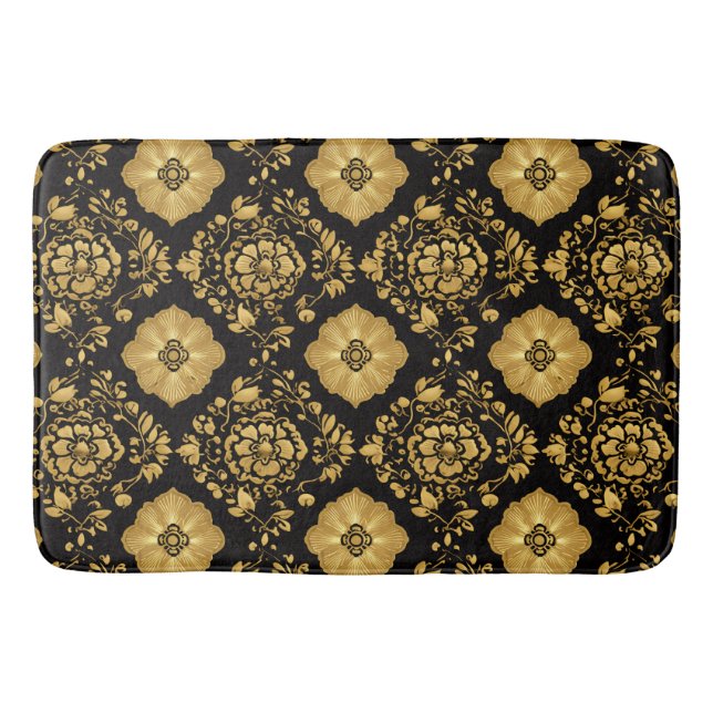 Luxury Gold Floral Damask Pattern On Black Bath Mat (Front)