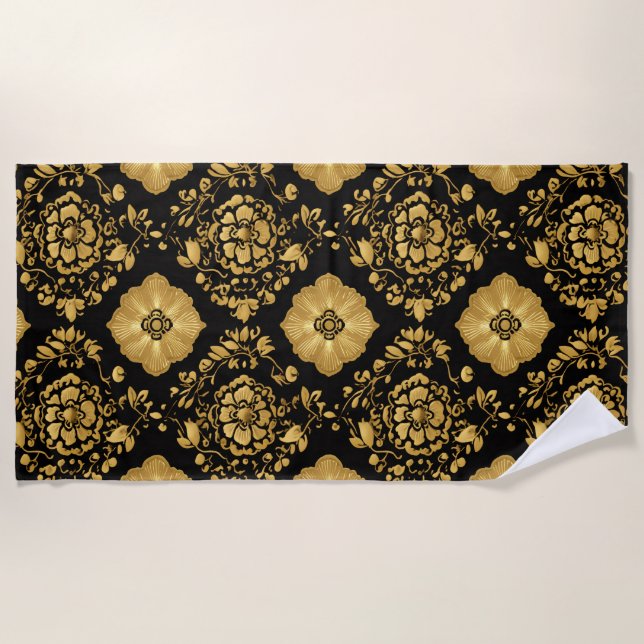Luxury Gold Floral Damask Pattern On Black Beach Towel (Front)