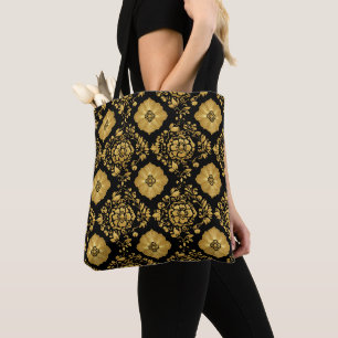 Luxury Gold Floral Damask Pattern On Black Tote Bag