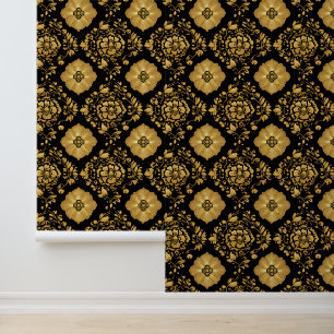 Luxury Gold Floral Damask Pattern On Black Wallpaper