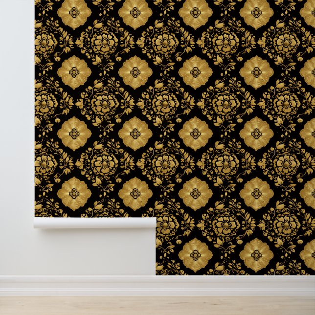 Luxury Gold Floral Damask Pattern On Black Wallpaper (Application)
