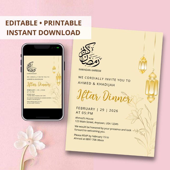 Luxury Gold Floral & Elegant Lanterns Iftar Dinner Invitation (Creator Uploaded)