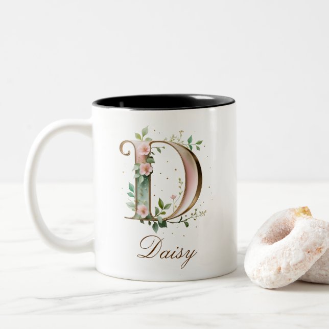 Luxury Gold Floral Initial D Two-Tone Coffee Mug (With Donut)