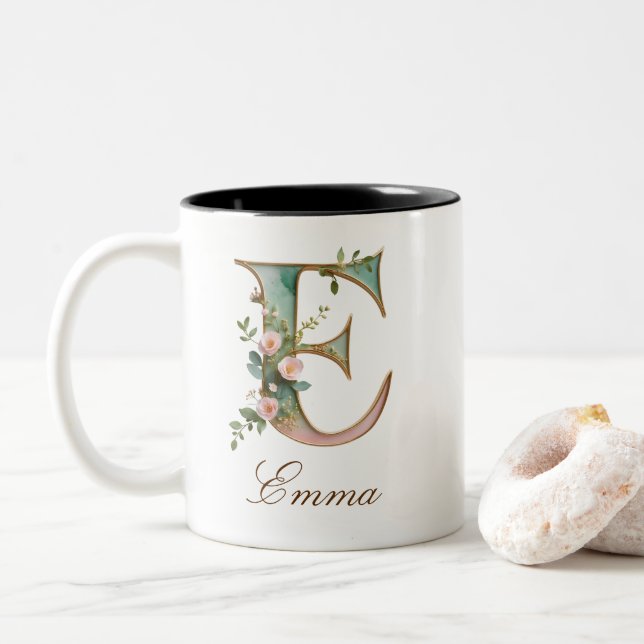 Luxury Gold Floral Initial E Two-Tone Coffee Mug (With Donut)