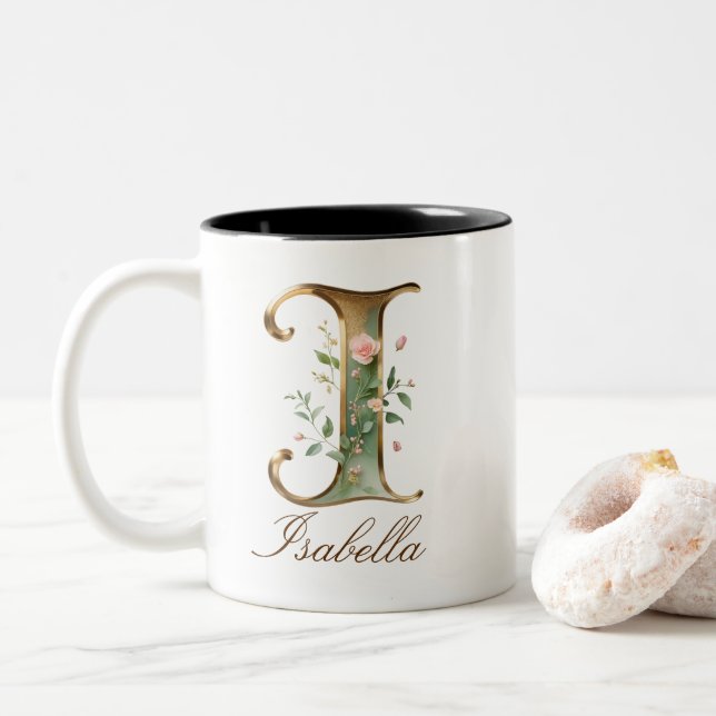 Luxury Gold Floral Initial I Two-Tone Coffee Mug (With Donut)
