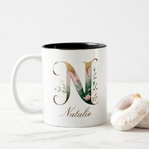 Luxury Gold Floral Initial N Two-Tone Coffee Mug