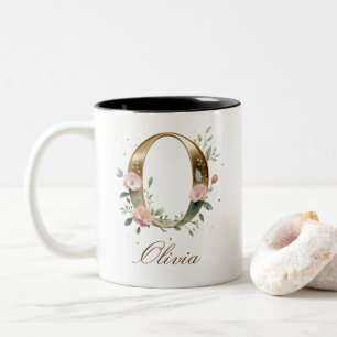 Luxury Gold Floral Initial O Two-Tone Coffee Mug