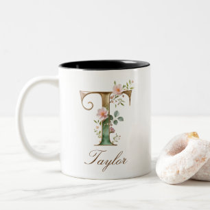 Luxury Gold Floral Initial T Two-Tone Coffee Mug