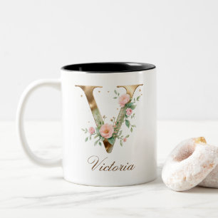 Luxury Gold Floral Initial V Two-Tone Coffee Mug