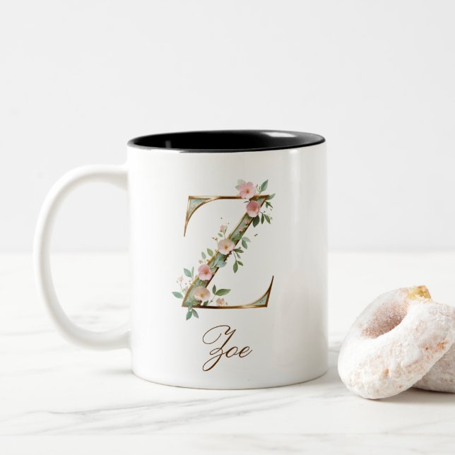 Luxury Gold Floral Initial Z Two-Tone Coffee Mug (With Donut)