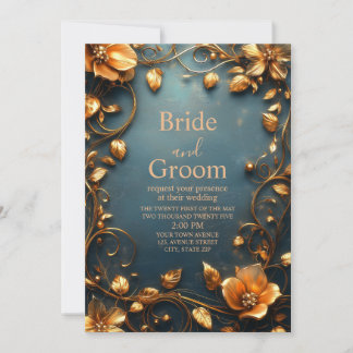 Luxury Gold Floral on Elegant Teal Background Invitation