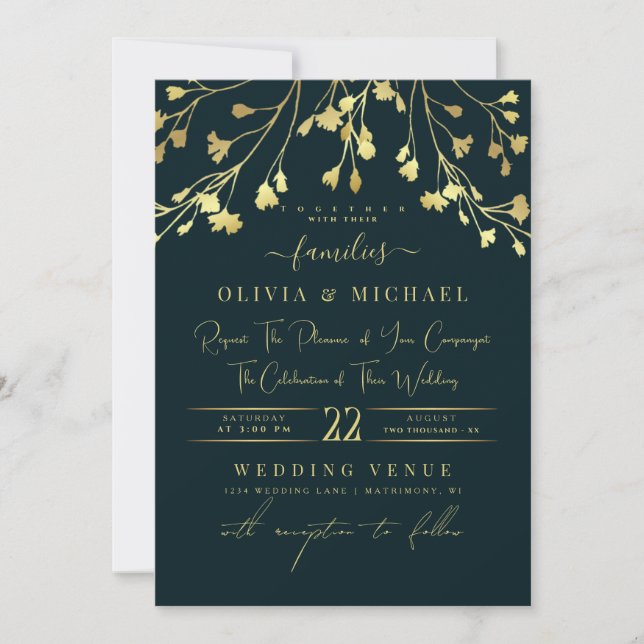 LUXURY GOLD FLORALS ABSTRACT GOLDEN FOIL WEDDING INVITATION (Front)