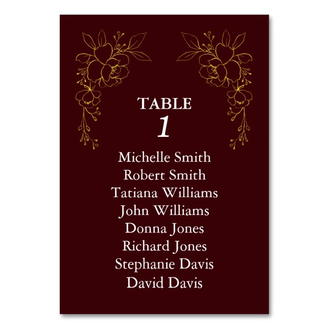 Luxury Gold Flowers Royal Deep Burgundy Wedding Table Number (Back)