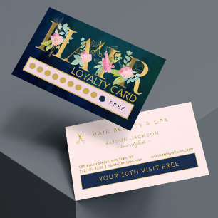 Luxury gold foil and navy HAIR salon loyalty punch Business Card