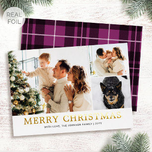 Luxury Gold Foil Christmas Family Photo Pink Plaid