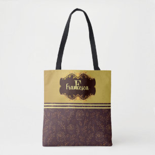 Luxury Gold Foil Glittery Flowers Name Monogram Tote Bag