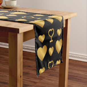Luxury Gold Foil Hearts on Black  Short Table Runner