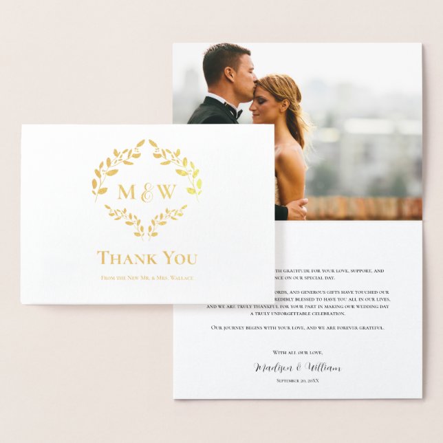 Luxury Gold Foil Monogram Wedding Photo Custom Card (Display)