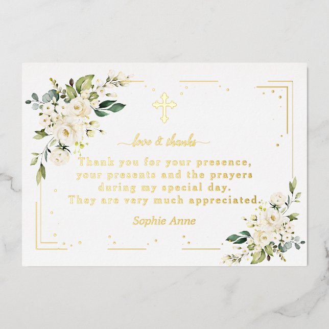 Luxury Gold Foil White Flowers Baptism Thank You (Front)