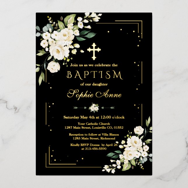 Luxury GOLD FOIL White Flowers Black Baptism (Front)
