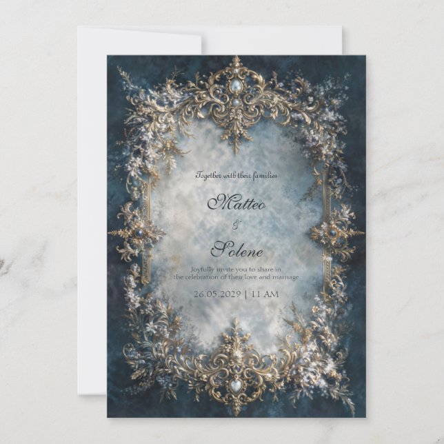Luxury Gold Frame Dark Teal Floral Baroque Wedding Invitation (Front)