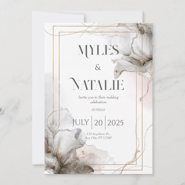 Luxury Gold Frame Grey Floral Ethereal Wedding Invitation (Front)