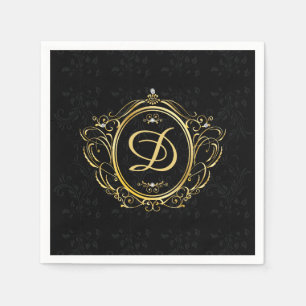 Luxury Gold frame Monogram Black Damask back Napkin