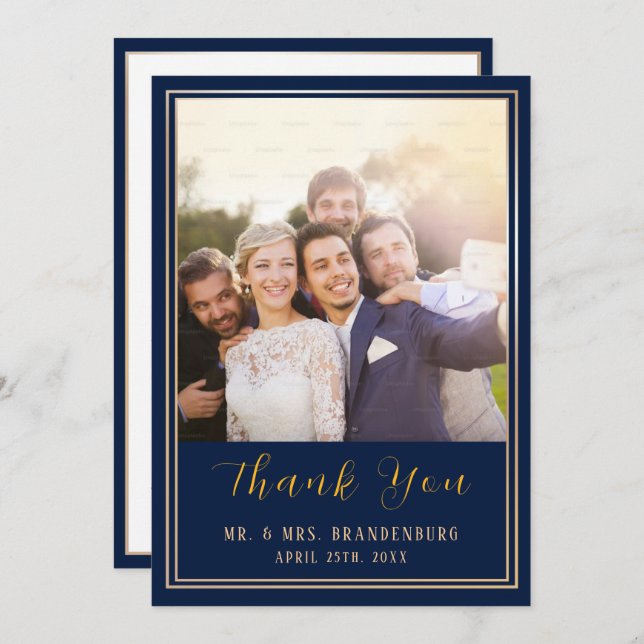 Luxury Gold Frame Photo Navy Blue Thank You Card (Front/Back)