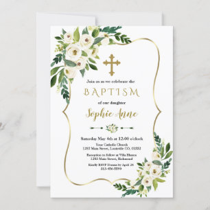 Luxury Gold Frame White Flowers Girl Baptism Invitation
